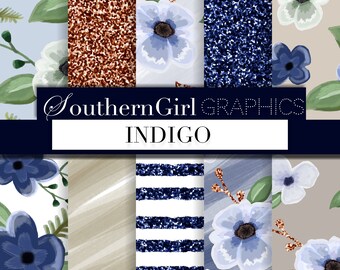 Navy Blue Floral Digital Paper: Indigo Watercolor Patterns (10 Count)(Digital Download)