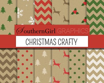 Craft Christmas Patterns Digital Paper: "CHRISTMAS CRAFTY" Christmas tree, snowflake, reindeer, holly, red, green, white patterns for cards