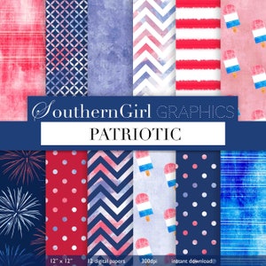 July 4th Digital Paper: &quot;RED WHITE BLUE&quot; with patriotic, fireworks, popsicles, watercolor patterns for crafts, stickers