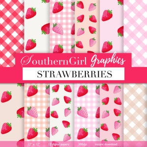 Strawberry Digital paper: "STRAWBERRIES" pink, red, gingham, plaid, strawberry patterns, Valentine's day, for crafts, cards