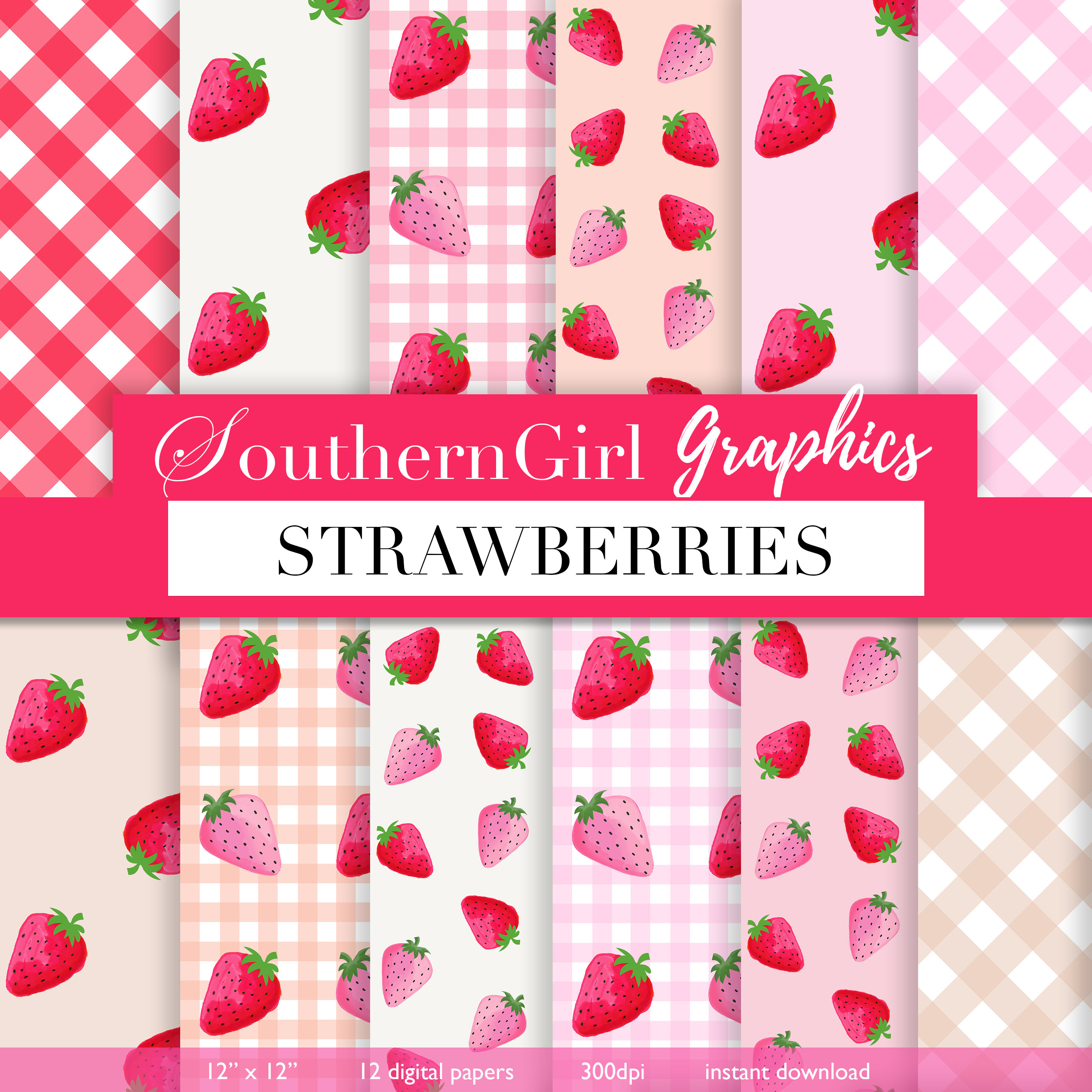 Strawberry Digital Paper Pack: Pink Gingham Patterns (digital 