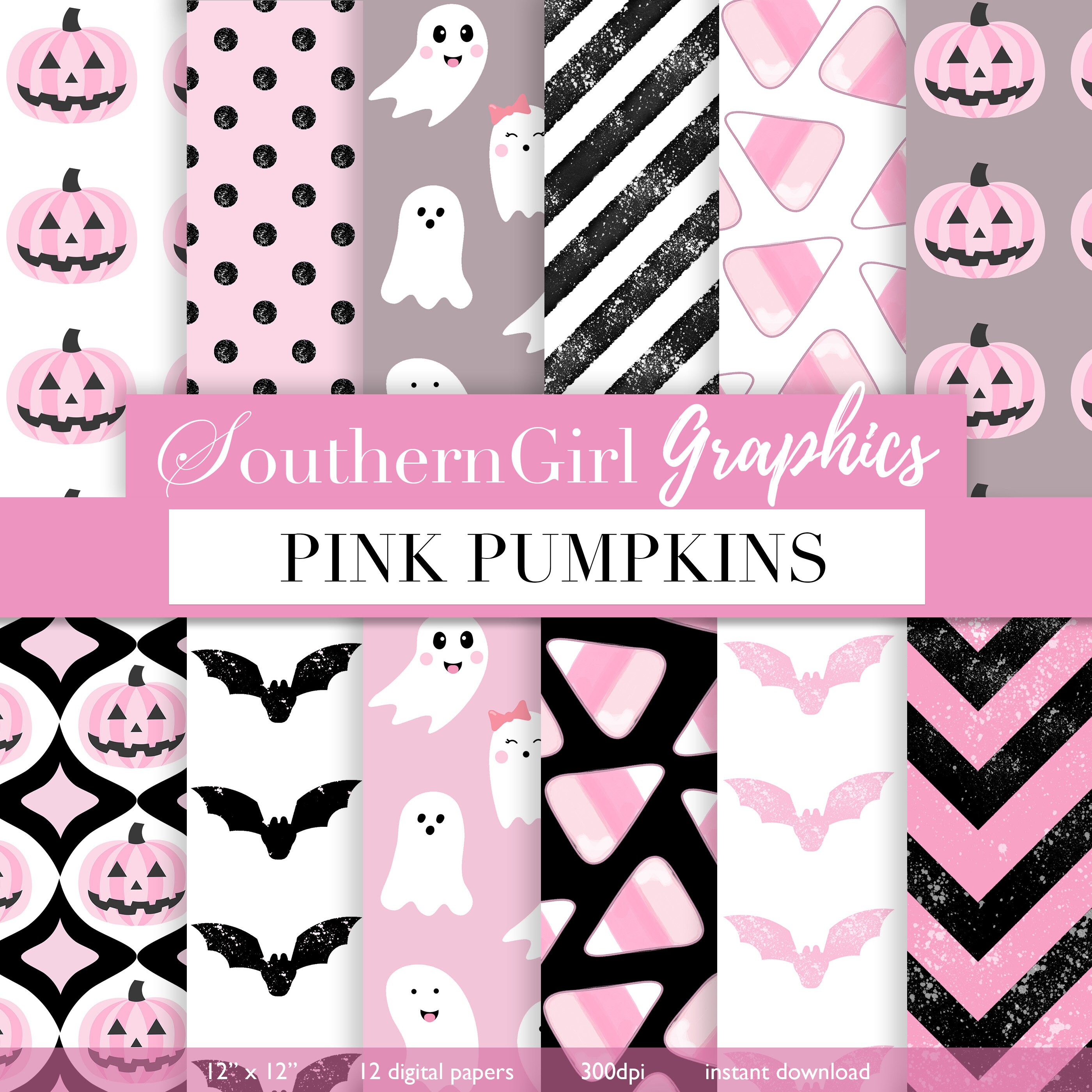 Pink Halloween Digital Paper Pack – Pumpkins, Bats, Ghosts (digital ...