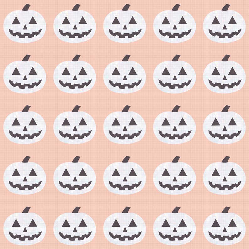 May include: A seamless pattern of white glitter pumpkins with black facial features on a light pink background.