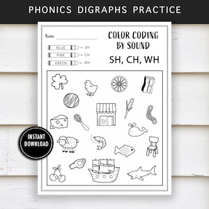 Color By Sound Digraphs Practice - "CH, SH SOUNDS" - beginning sounds, ch, sh, kindergarten, phonics, coloring, worksheet