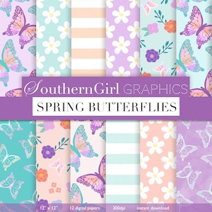 Butterfly digital paper: "SPRING BUTTERFLIES" purple butterfly digital paper, butterfly floral, butterfly patterns for crafts, stickers