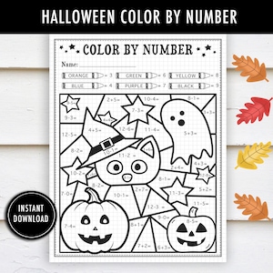 May include: A black and white Halloween-themed color-by-number printable with a cat in a witch hat, pumpkins, and a ghost. The top of the page reads "HALLOWEEN COLOR BY NUMBER". Includes a color key with crayons and the words "INSTANT DOWNLOAD".