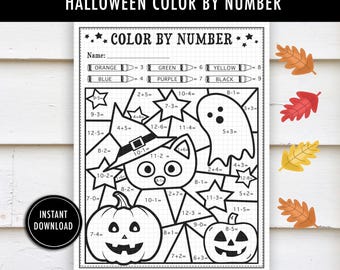 May include: A black and white Halloween-themed color-by-number printable with a cat in a witch hat, pumpkins, and a ghost. The top of the page reads "HALLOWEEN COLOR BY NUMBER". Includes a color key with crayons and the words "INSTANT DOWNLOAD".