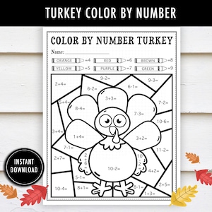 Turkey Color by Number Printable, Thanksgiving coloring page, fall classroom activity addition practice, subtraction practice, kindergarten