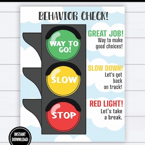 May include: A behavior chart featuring a traffic light graphic with green, yellow, and red circles labeled Way To Go, Slow, and Stop. The text reads Behavior Check, Great Job, Slow Down, and Red Light with corresponding phrases on a light blue sky background.