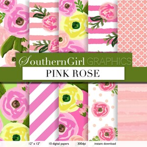 Rose Watercolor Digital Paper: &quot;PINK ROSE&quot; with watercolor pink, yellow, coral, green flowers, stripes, trellis, modern designs for crafts