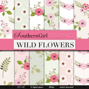 floral digital paper (pink): "WILD FLOWERS" with hot pink, light pink, green, mint, brown, and taupe, roses and wildflowers for cards