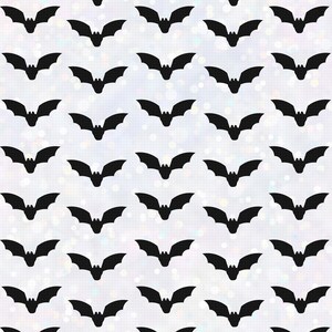May include: A seamless pattern of black bats on a white background with a subtle iridescent shimmer.
