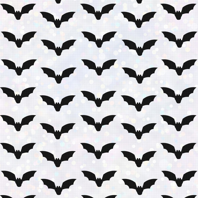 May include: A seamless pattern of black bats on a white background with a subtle iridescent shimmer.