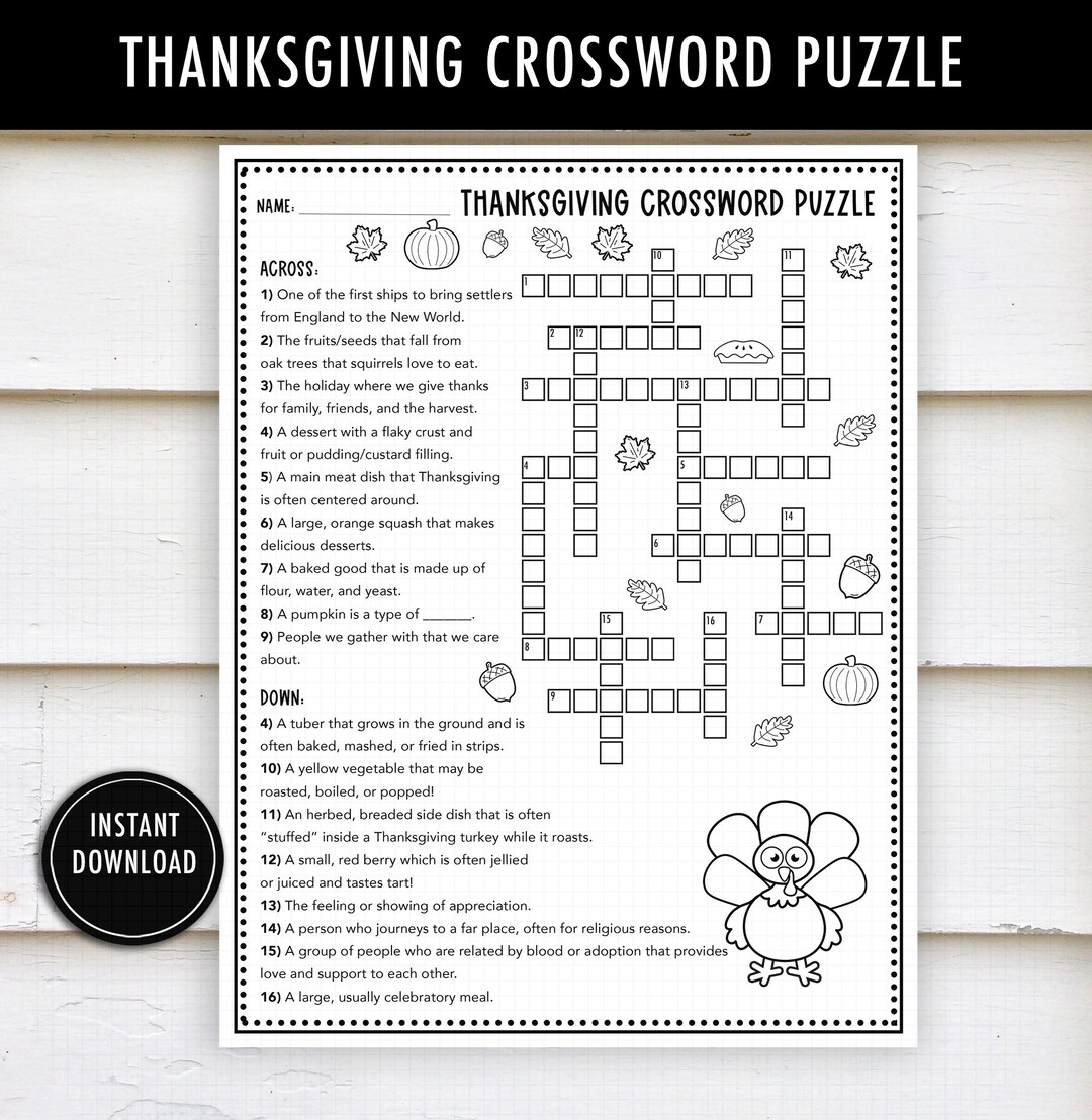 Thanksgiving Crossword Puzzle Printable - Kids Thanksgiving Activity ...