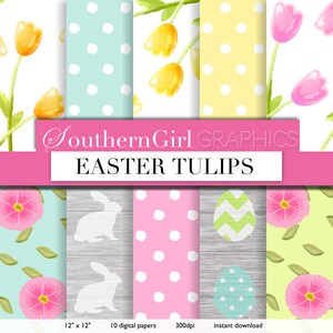 Tulip Watercolor digital paper: "EASTER TULIPS" Easter digital paper, Spring floral, bunny, easter egg, wood digital paper