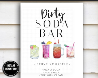 Dirty Soda Bar Sign Printable: "DIRTY SODA BAR" watercolor, soda, cola, make your own, signage, soda station, diner birthday