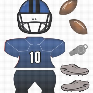 May include: Football Dress Up Kit with a blue helmet, jersey, pants, shoes, football, and whistle. The jersey has the number 10 on it.