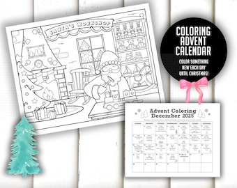 Advent coloring printable - Santa's workshop, advent calendar, christmas coloring, kids christmas activity, Christmas count down, download