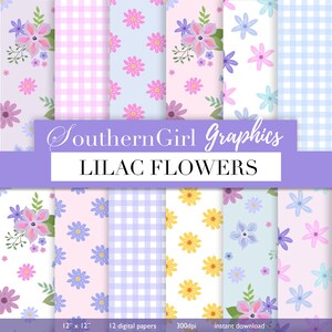 May include: Twelve digital papers featuring lilac flower patterns. The patterns include a gingham check, a floral pattern with yellow flowers, and a floral pattern with blue flowers. The papers are 12 inches by 12 inches and 300 dpi.