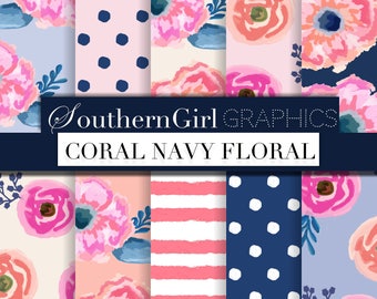 Coral Navy Floral digital paper: &quot;CORAL NAVY FLORAL&quot; with peach, pink, navy, flowers, rose, berry, watercolor designs for crafts, stickers