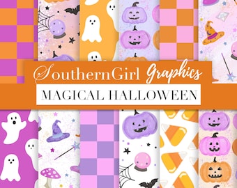Magical Halloween Digital Paper Pack – with orange and pink magic wands, crystal balls, wizard hats, pumpkins, and ghosts