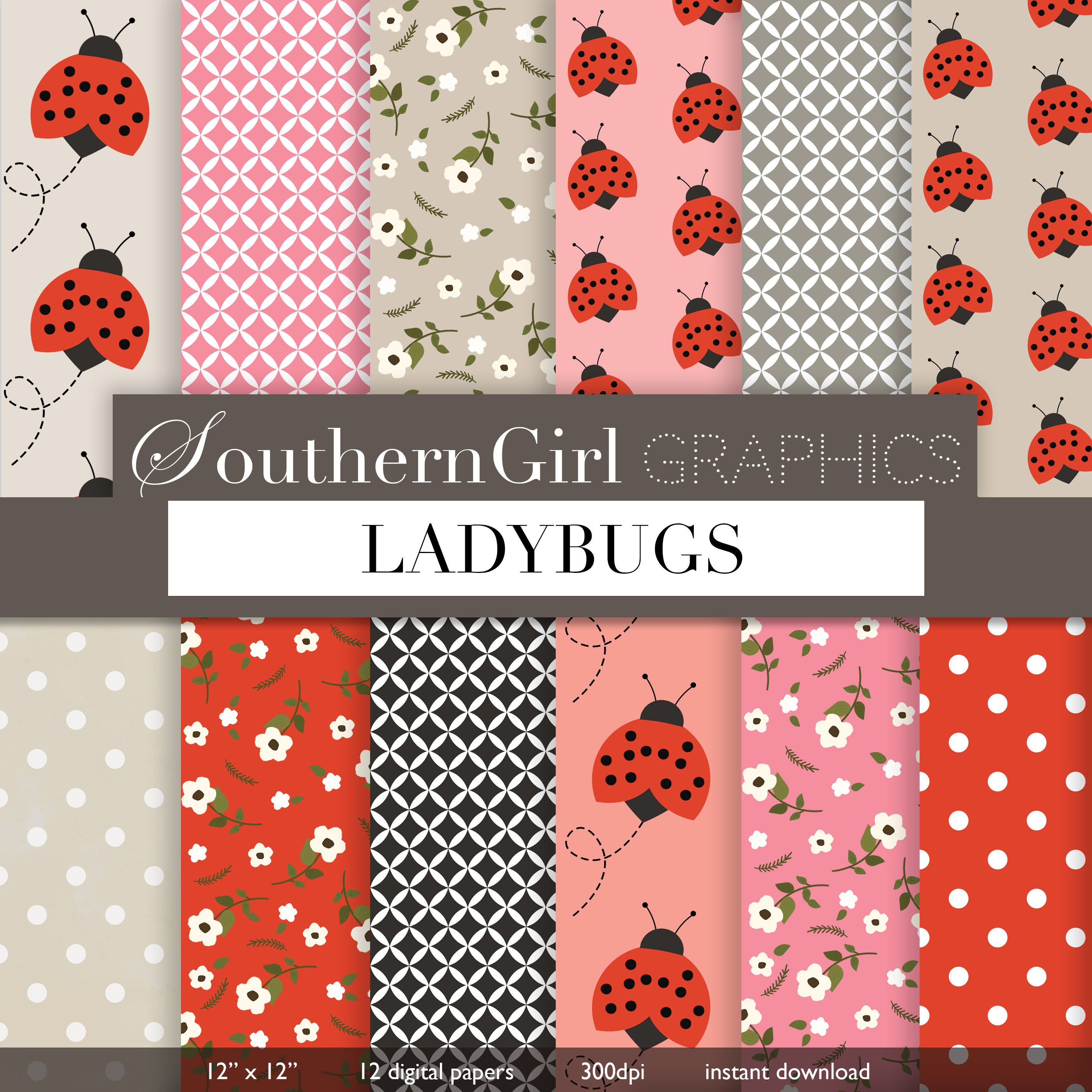 Ladybug Digital Paper - "ladybugs & Flowers" Ladybug, Red Floral, White ...