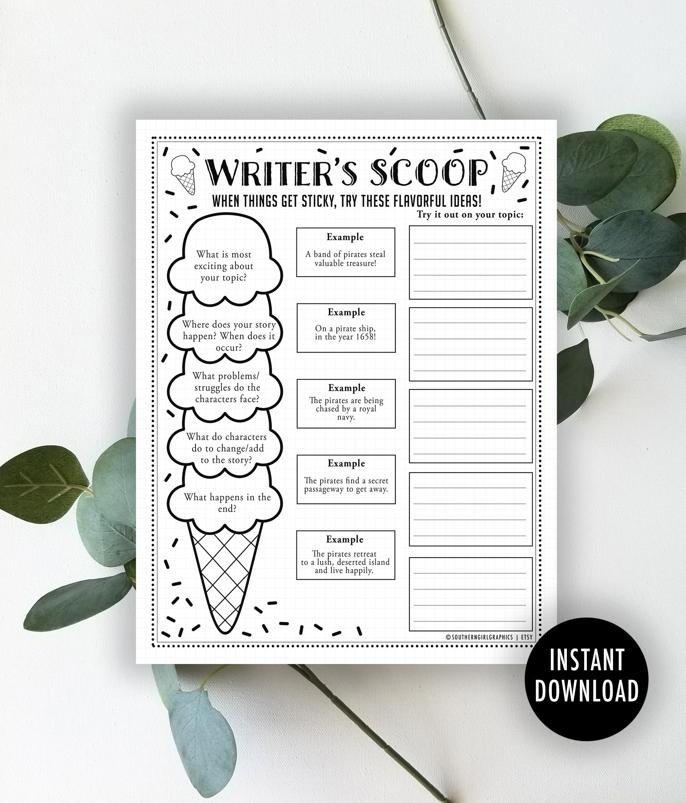 Writer's Block Worksheet: Ice Cream Writing Prompts (digital Download ...