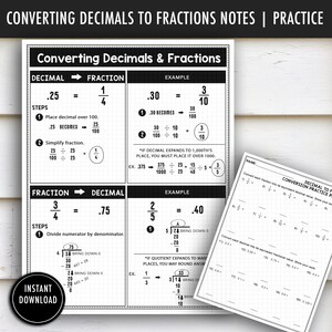 Decimal to Fraction Conversion Chart | Decimals Fractions Notes | Decimal Conversion Practice Worksheet: Math Help (Digital Download)