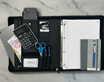 Paris Leather Writing Folder - Moleskin booklet and pen - Conference folder - Document folder A4 - Laptop sleeve - Removable Ring Binder - Black smooth