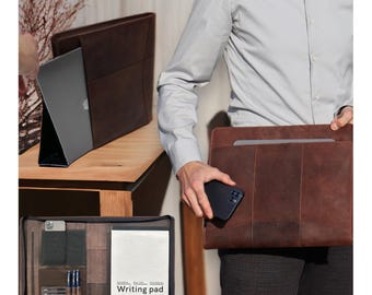 Handmade Document Folder a4 - Zipper - Leather Writing Folder - Conference Folder A4 - Work Folder - Leather Folder - Laptop Compartment - Tablet Compartment - Leather Folder -