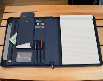 Leather writing folder - Moleskin booklet and pen - Conference folder - Document folder A4 - Tablet cover & Laptop sleeve - Removable ring binder - Navy blue