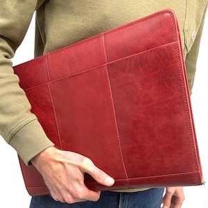 Cartella da scrittura in pelle fatta a mano - cartella documenti a4 - Cartella conferenze - Cartella da lavoro - Scomparto custodia tablet - Scomparto custodia laptop - Raccoglitore ad anelli - Rosso