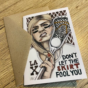 Lax chick Womens lacrosse blank card illustrated by Kel Hummel