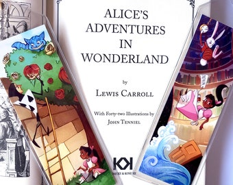 May include: Three bookmarks featuring illustrations from Alice's Adventures in Wonderland. The bookmarks are made of clear plastic with colourful illustrations of Alice, the Cheshire Cat, and the Mad Hatter. The text on the book reads "Alice's Adventures in Wonderland by Lewis Carroll with Forty-two Illustrations by John Tenniel."