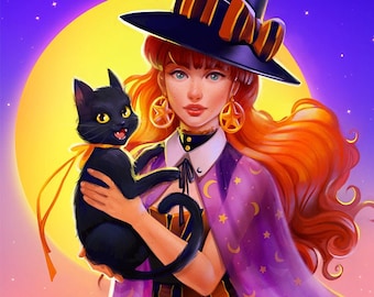 Halloween Witch Art Print: Moon, Stars, and Black Cat Illustration