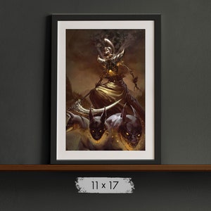 May include: A skeletal figure with glowing eyes and a golden robe stands holding a scythe. Three black dogs with glowing eyes surround the figure. The image is set against a dark, smoky background.