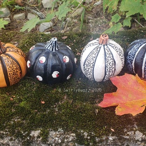 Funky Swirly Resin Pumpkin, decoration, fall, ladybugs, black, white, orange image 1