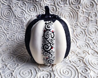 Large Black & White Bling Pumpkin, hand painted, glitter stripes, swirls, ladybugs