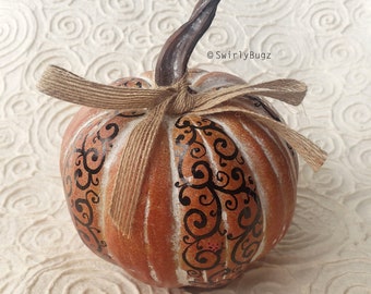 Rustic Resin Orange Pumpkin, ladybugs, black swirls, 5.5"