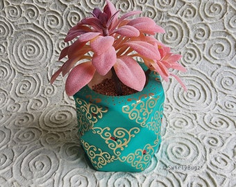 Large SwirlyBugz Bling Faux Succulent - Teal Geometric Planter, Pink Fuzzy Plant - ceramic, hand painted, gold swirls, ladybugs