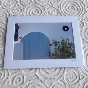 LADYBUGGED PHOTO -  Blue Gate with Evil Eye, 5x7 mat/4x6 photo, hand painted ladybugs, Greece, Santorini