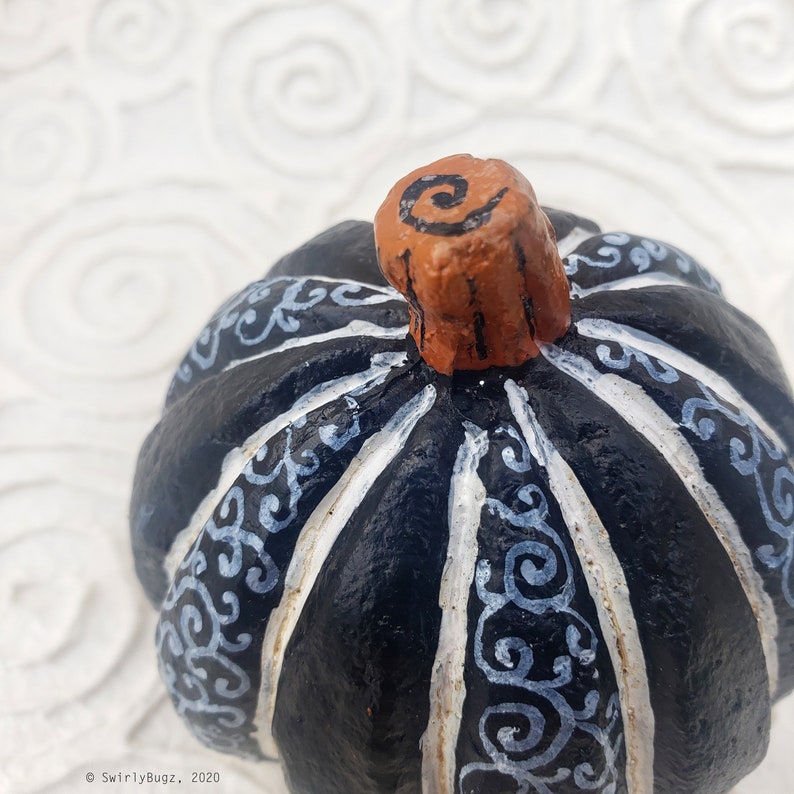 Funky Swirly Resin Pumpkin, decoration, fall, ladybugs, black, white, orange image 9