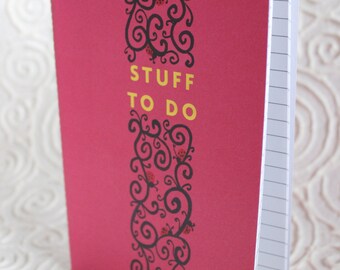 Stuff to Do, journal, notebook, lined pages, pink, swirls, ladybugs, gold
