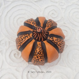 Funky Swirly Resin Pumpkin, decoration, fall, ladybugs, black, white, orange image 7