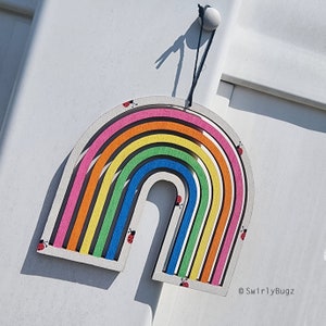 5&quot; SwirlyBugz Wood Rainbow, ladybugs, ornament, hanging, hand painted, double sided