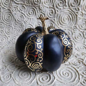 Large Navy Bling Pumpkin, hand painted, gold swirls, ladybugs