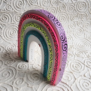 Wood Rainbow Decor, bright colors, swirls, ladybugs, hand painted, freestanding