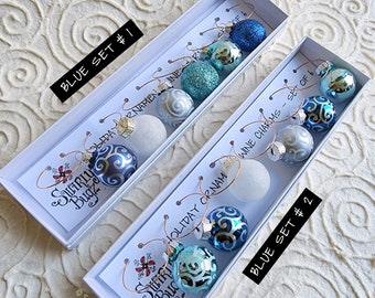 Swirly Glass Mini-Ornament, Wine Charms, Set of 6, blue, silver, white, bling
