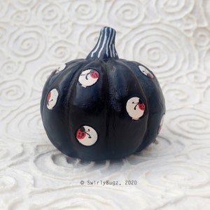 Funky Swirly Resin Pumpkin, decoration, fall, ladybugs, black, white, orange image 2