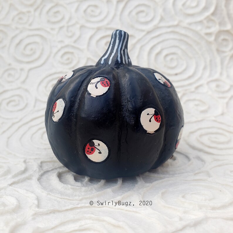 Funky Swirly Resin Pumpkin, decoration, fall, ladybugs, black, white, orange image 2